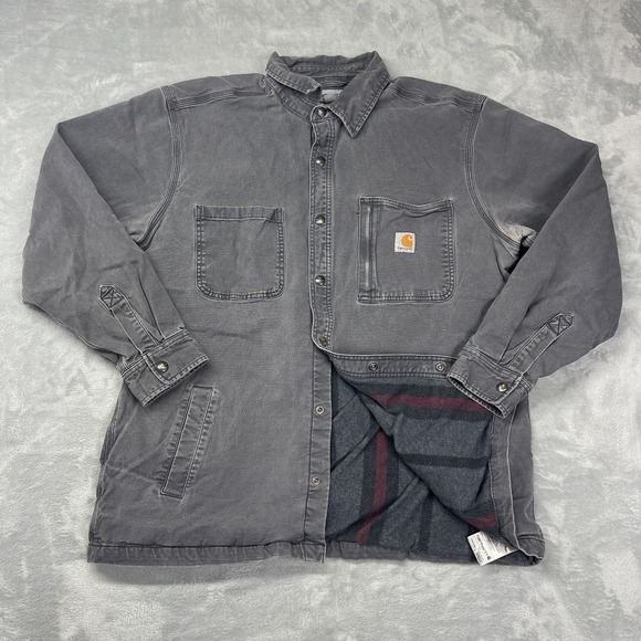 Carhartt Salinac Shirt Jacket Mens XL Gray Flannel Lined Workwear Snap Button-Up